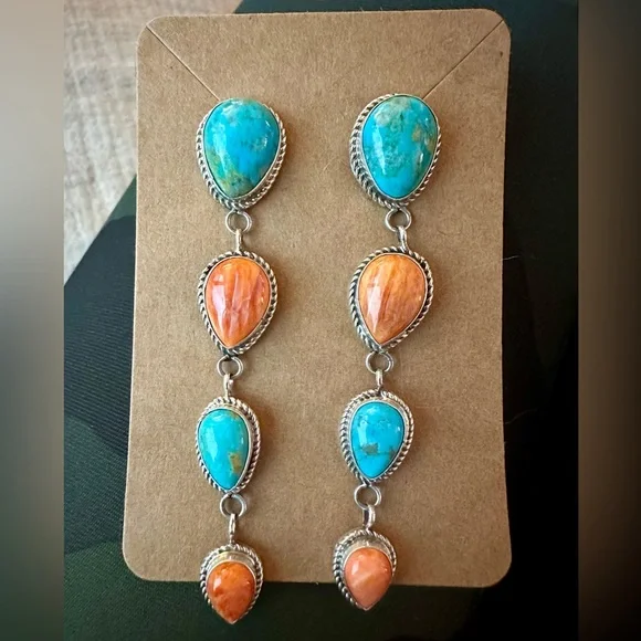 Hand made sterling, silver, and turquoise earrings - Picture 1 of 5